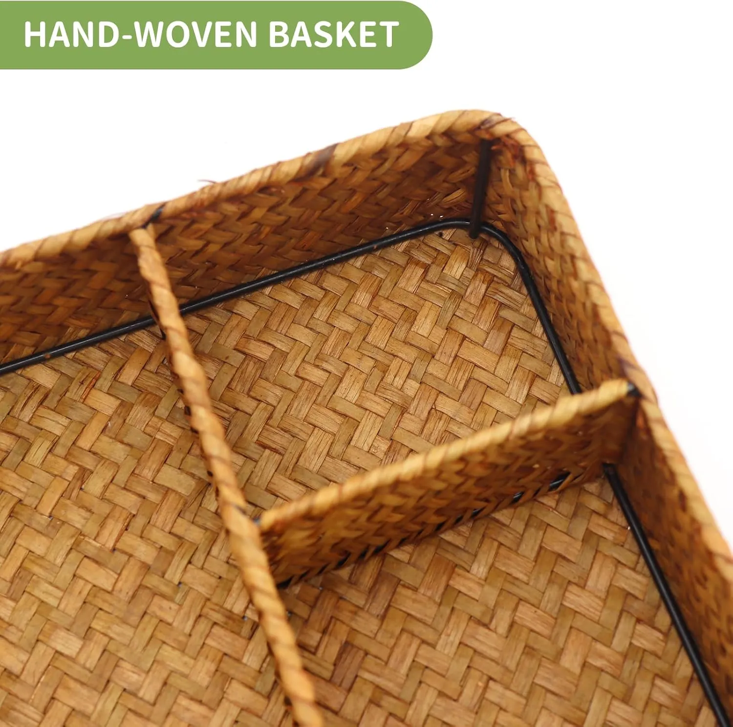 Wicker Baskets 4-Section Tea Bag/Sugar Packet Holder, Seagrass Woven Compartment Organizer, Storage Rattan Divided Basket for Home, Office-Desk Baskets for Shelves,Pantry,Coffee Bar,Countertops,Closet