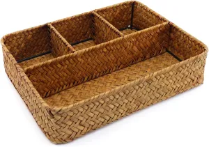 Wicker Baskets 4-Section Tea Bag/Sugar Packet Holder, Seagrass Woven Compartment Organizer, Storage Rattan Divided Basket for Home, Office-Desk Baskets for Shelves,Pantry,Coffee Bar,Countertops,Closet