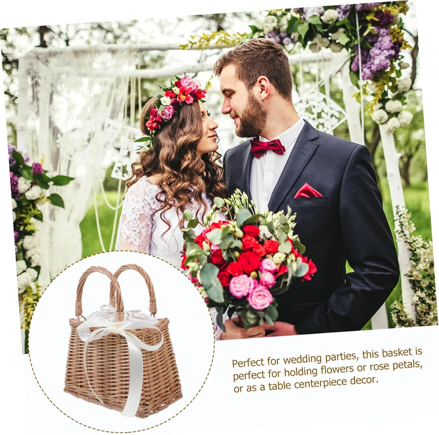 Wicker Handbag Woven Rattan Storage Basket Wedding Flower Girl Baskets Boho Beach Bag Straw Tote Women Summer Clutch Purse with White Ribbon and Top Handles
