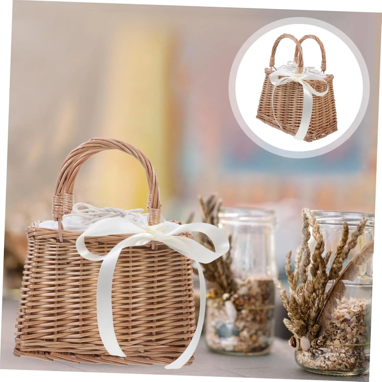 Wicker Handbag Woven Rattan Storage Basket Wedding Flower Girl Baskets Boho Beach Bag Straw Tote Women Summer Clutch Purse with White Ribbon and Top Handles