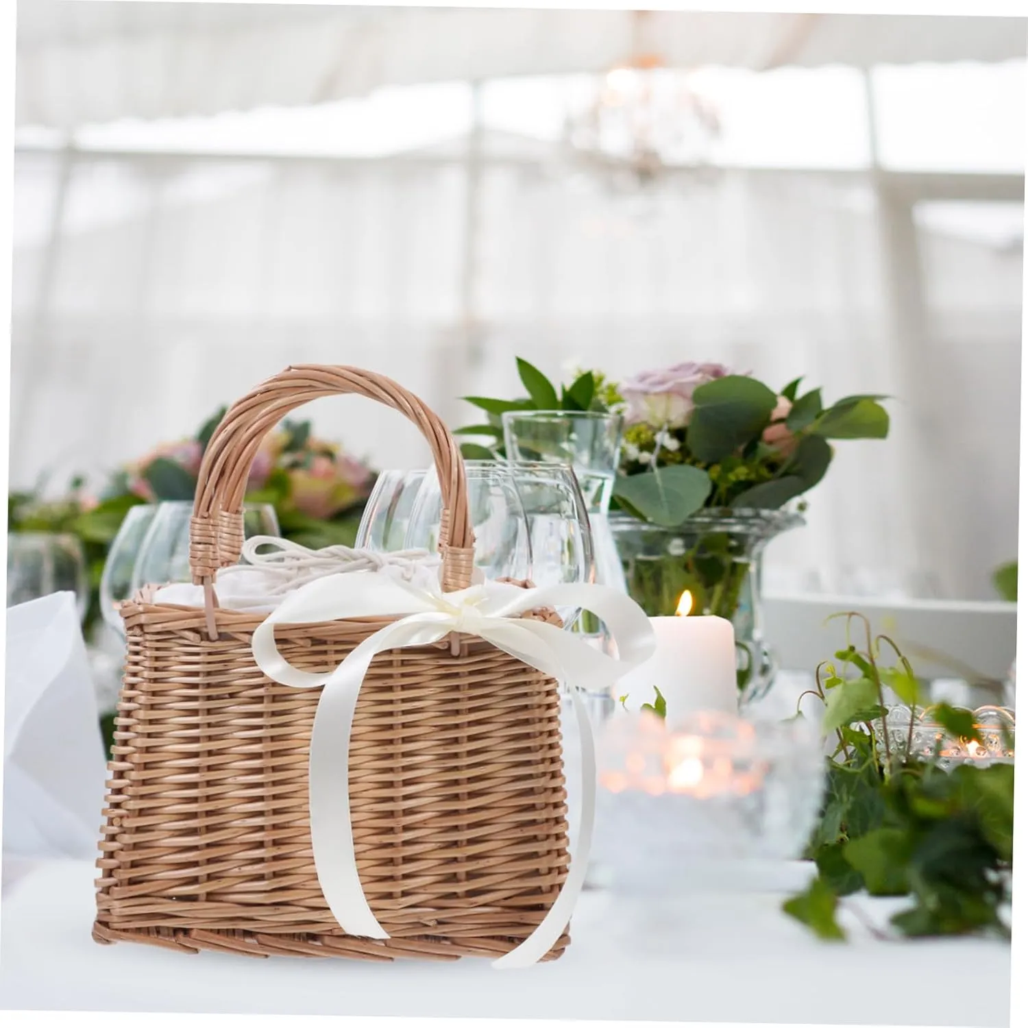 Wicker Handbag Woven Rattan Storage Basket Wedding Flower Girl Baskets Boho Beach Bag Straw Tote Women Summer Clutch Purse with White Ribbon and Top Handles