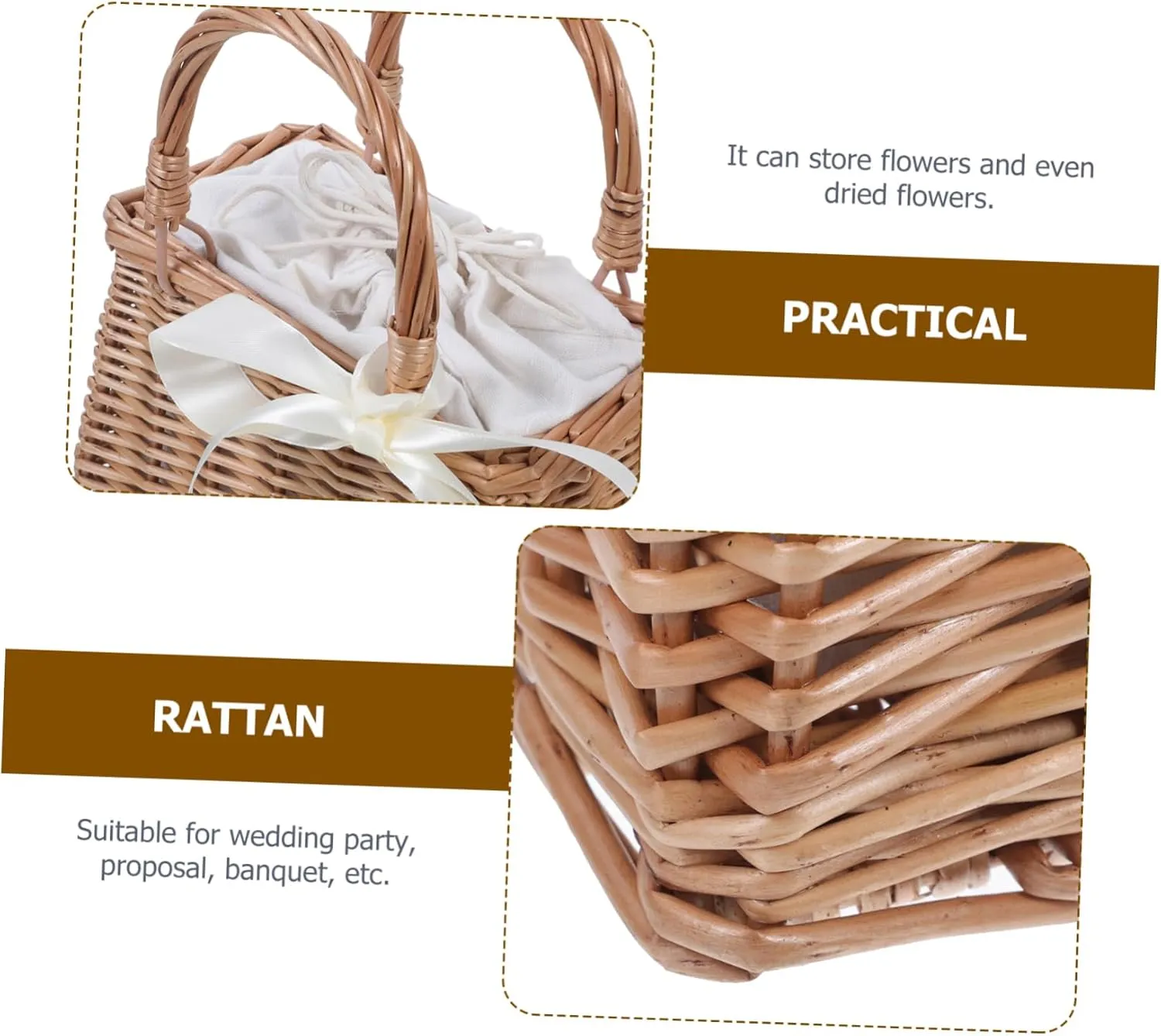 Wicker Handbag Woven Rattan Storage Basket Wedding Flower Girl Baskets Boho Beach Bag Straw Tote Women Summer Clutch Purse with White Ribbon and Top Handles