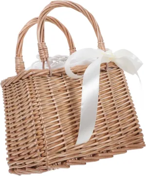 Wicker Handbag Woven Rattan Storage Basket Wedding Flower Girl Baskets Boho Beach Bag Straw Tote Women Summer Clutch Purse with White Ribbon and Top Handles