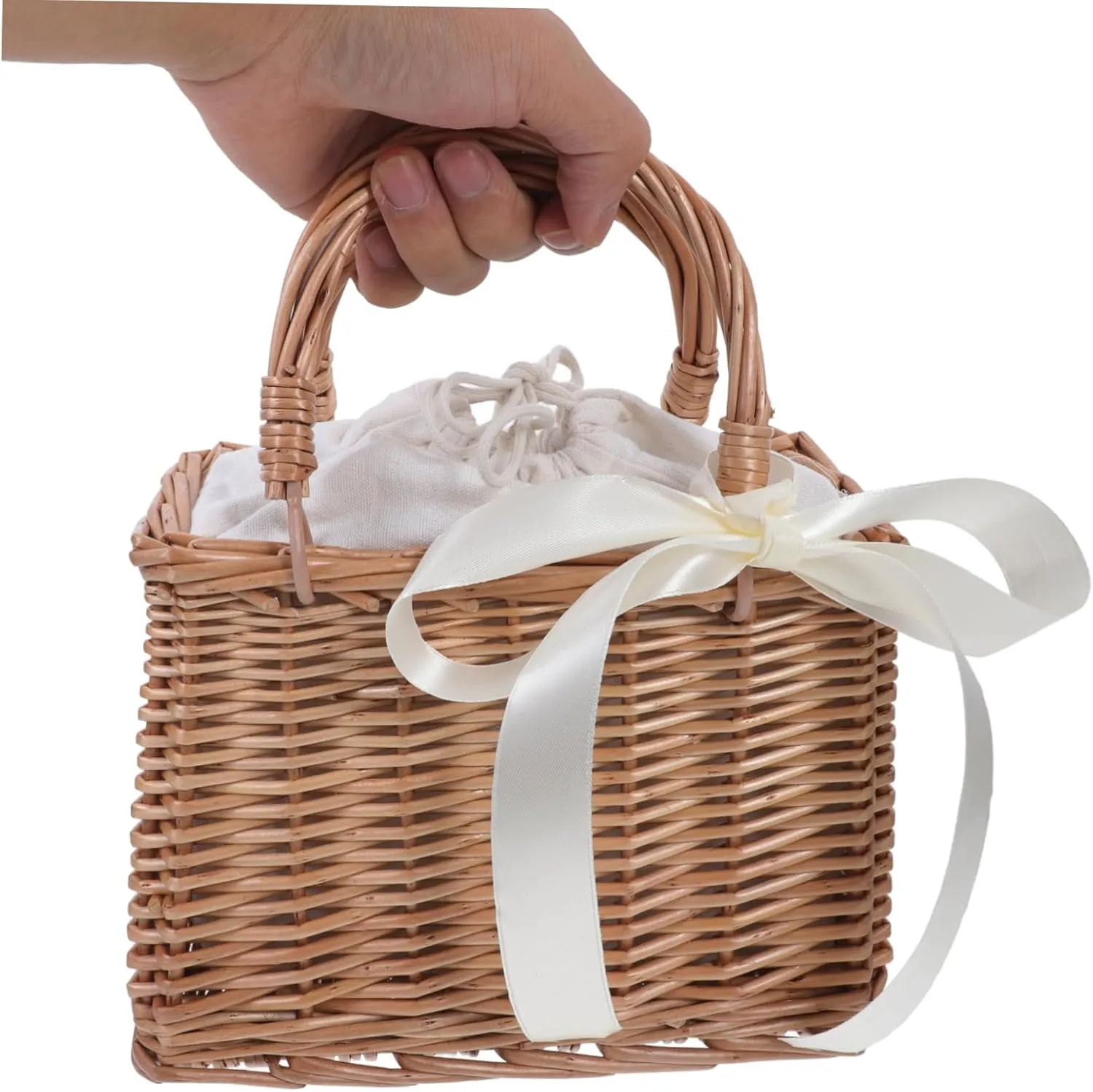 Wicker Handbag Woven Rattan Storage Basket Wedding Flower Girl Baskets Boho Beach Bag Straw Tote Women Summer Clutch Purse with White Ribbon and Top Handles