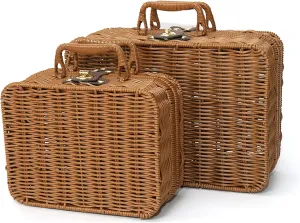 Wicker Picnic Basket, Decorative Prop Suitcase Vintage Storage Hamper Makeup Organizer, Metal Lock Rattan Storage Box with Handles for Sundries Travel Camping and Outdoor Party (Brown, Large Small)