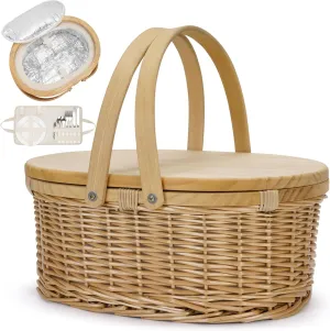 Wicker Picnic Basket for 2 with Table & Swing Handles, Picnic Baskte Set with Cooler for Beach, Camping, Park, Outdoor Party. Willow Picnic Basket Cooler Baskets for Wine Lover.