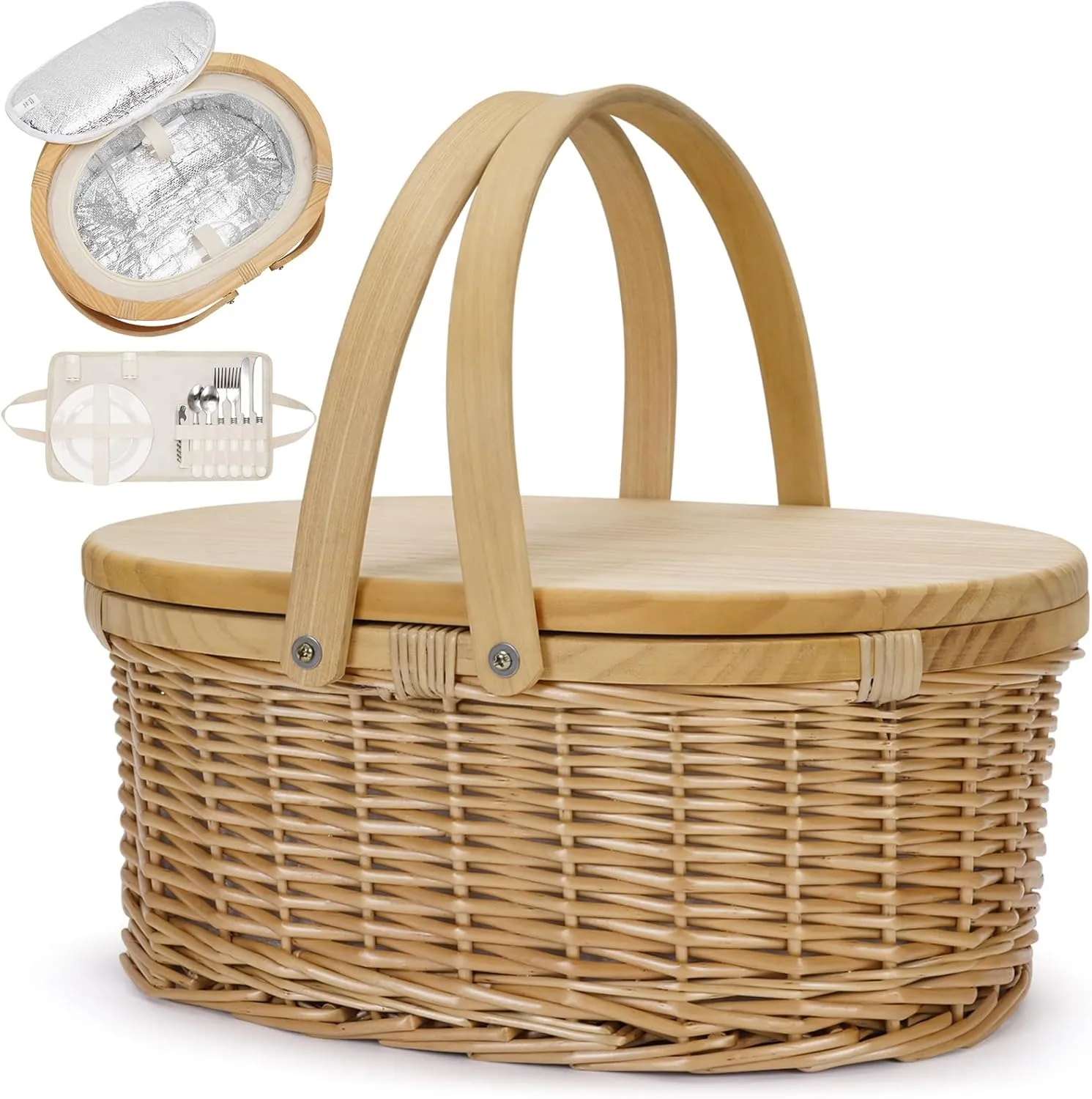 Wicker Picnic Basket for 2 with Table & Swing Handles, Picnic Baskte Set with Cooler for Beach, Camping, Park, Outdoor Party. Willow Picnic Basket Cooler Baskets for Wine Lover.