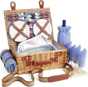 Wicker Picnic Basket Set for 4 Person with Cooler Compartment and Waterproof Picnic Blanket,Removable Strap,Wine Bag,Cutlery Set,for Camping,Day Travel,Beach,Hiking,BBQ and Family/Couples Gifts