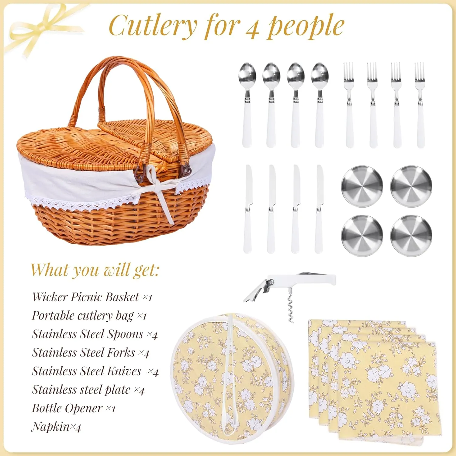 Wicker Picnic Basket Set for 4 with Lid and Handle Picnic Hamper with Washable Lining and Cutlery Set for Outdoor, Camping, Halloween, Christmas, and Birthday