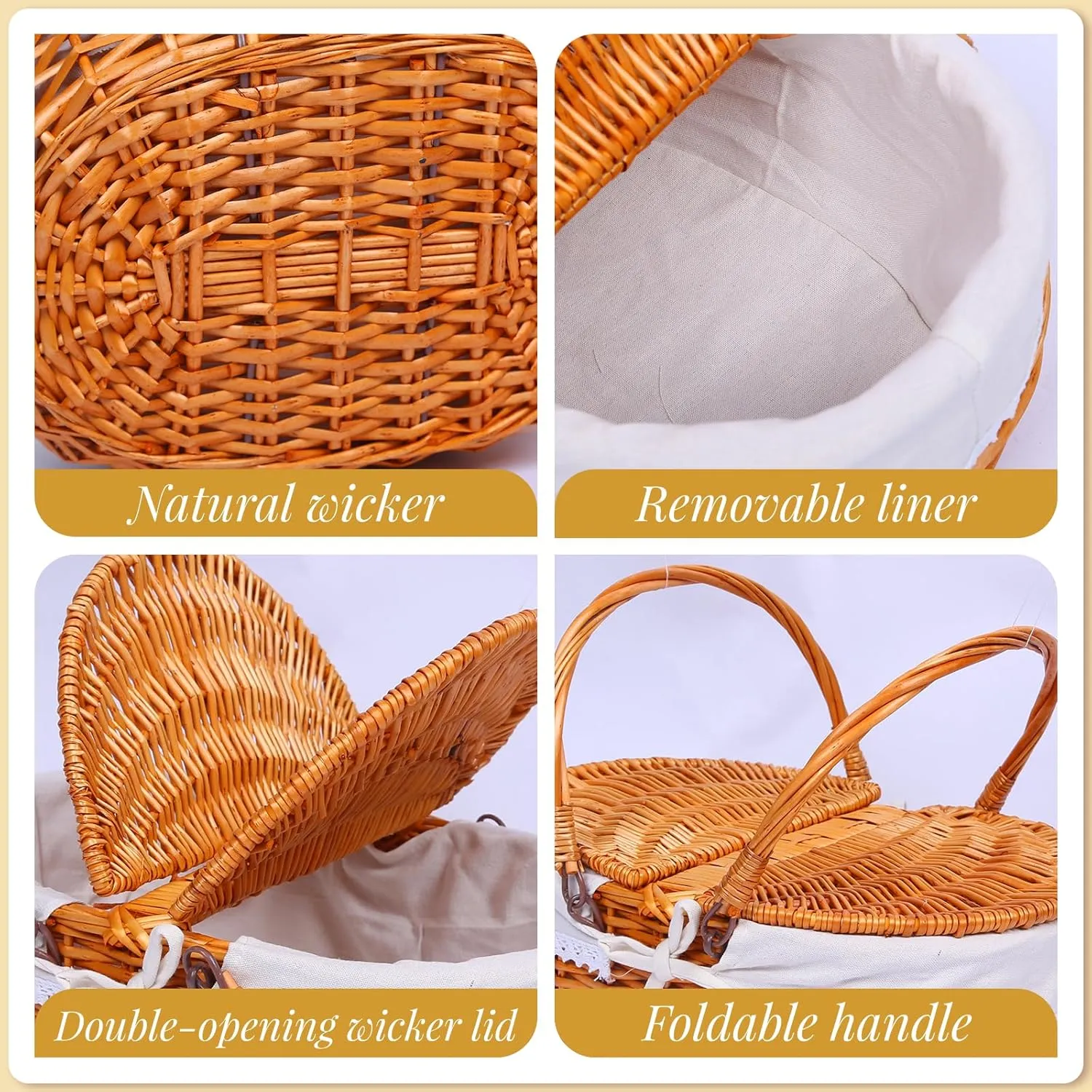 Wicker Picnic Basket Set for 4 with Lid and Handle Picnic Hamper with Washable Lining and Cutlery Set for Outdoor, Camping, Halloween, Christmas, and Birthday