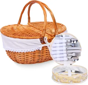 Wicker Picnic Basket Set for 4 with Lid and Handle Picnic Hamper with Washable Lining and Cutlery Set for Outdoor, Camping, Halloween, Christmas, and Birthday