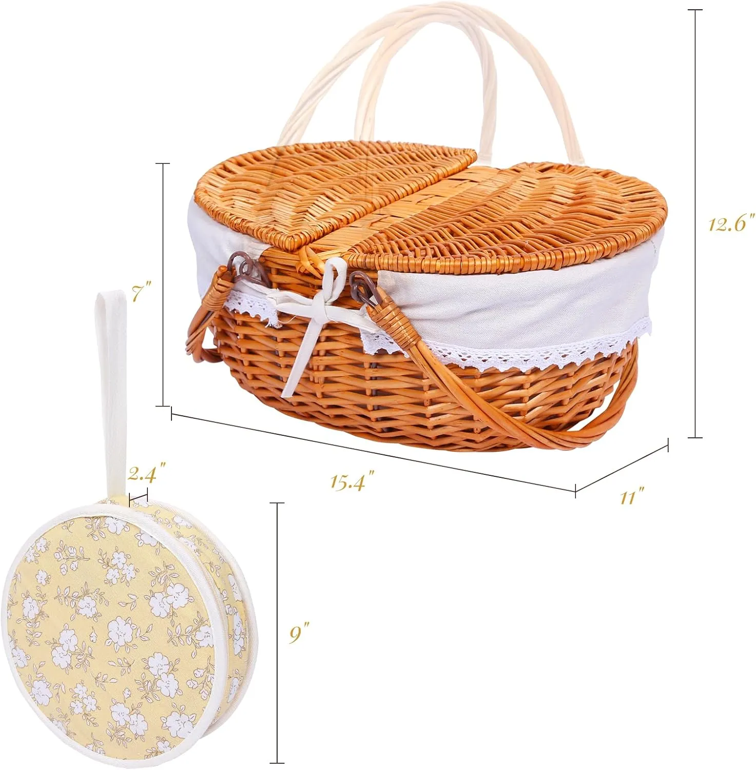 Wicker Picnic Basket Set for 4 with Lid and Handle Picnic Hamper with Washable Lining and Cutlery Set for Outdoor, Camping, Halloween, Christmas, and Birthday