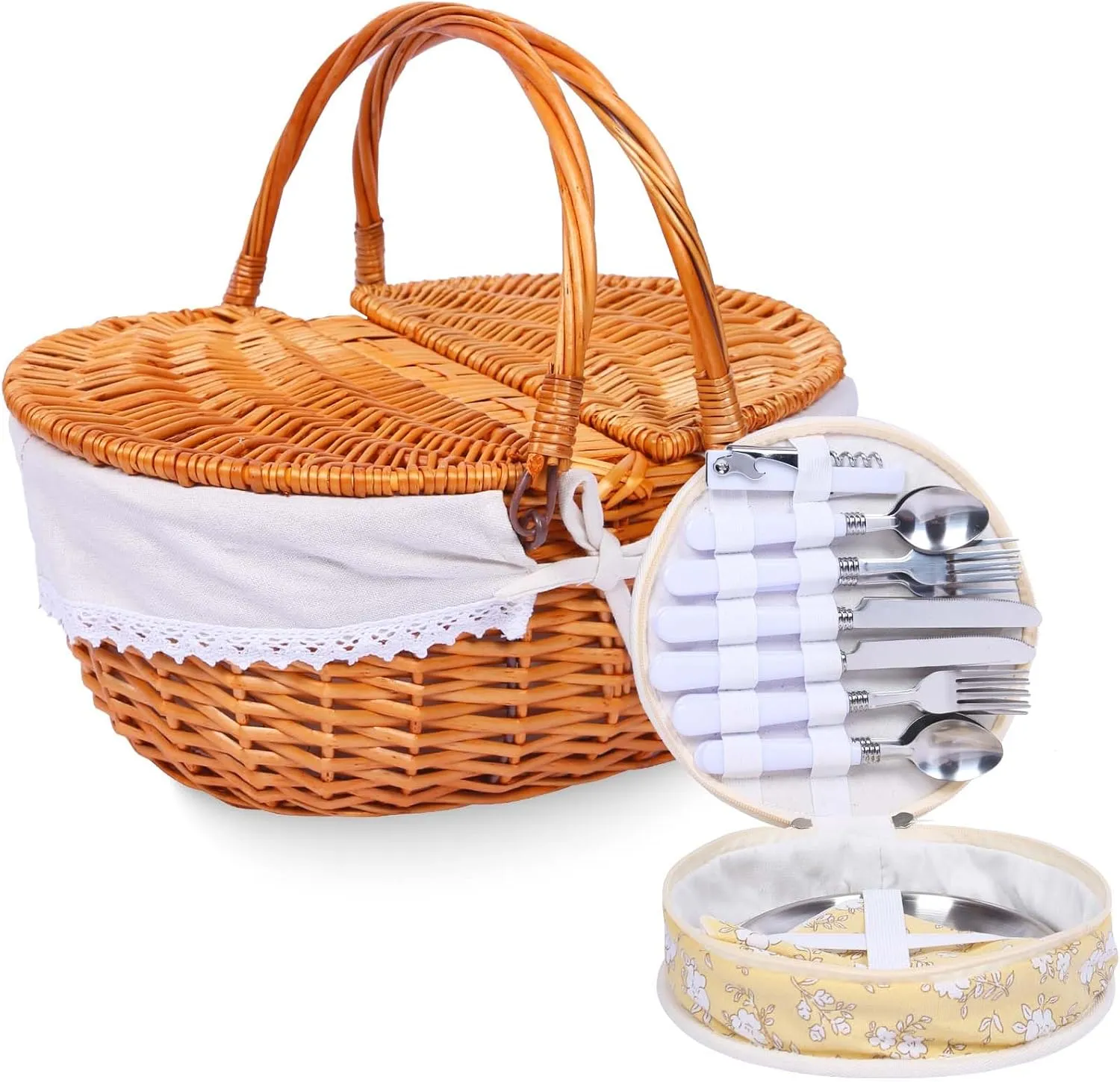 Wicker Picnic Basket Set for 4 with Lid and Handle Picnic Hamper with Washable Lining and Cutlery Set for Outdoor, Camping, Halloween, Christmas, and Birthday