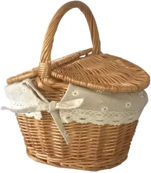 Wicker Picnic Basket with Lid and Handle, Vintage Style Wicker Picnic Hamper with Removable Liner, Sturdy Woven Body Picnic Basket with Washable Lining for Outdoor Camping (Beige)