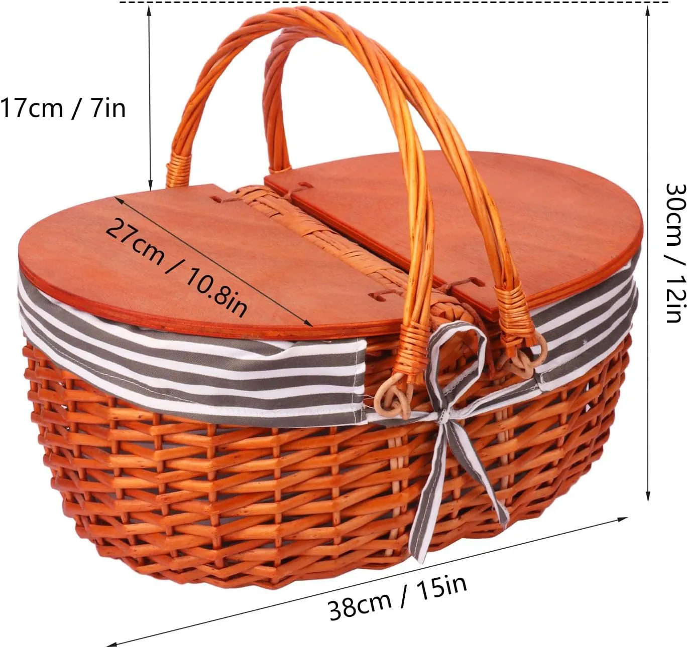 Wicker Picnic Basket with Liner and Wooden Split Lid - Vintage Wicker Picnic Basket with Folding Woven Handle, Picnic Hamper with Lid - Ideal Outdoor and Picnic Accessories