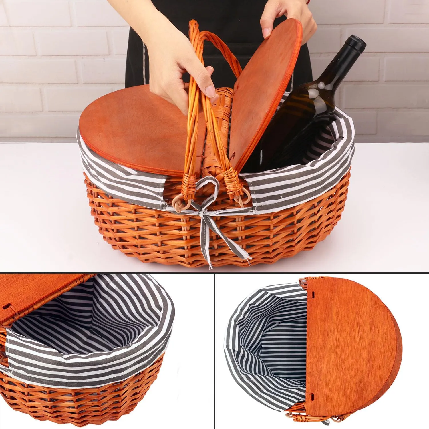 Wicker Picnic Basket with Liner and Wooden Split Lid - Vintage Wicker Picnic Basket with Folding Woven Handle, Picnic Hamper with Lid - Ideal Outdoor and Picnic Accessories