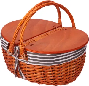Wicker Picnic Basket with Liner and Wooden Split Lid - Vintage Wicker Picnic Basket with Folding Woven Handle, Picnic Hamper with Lid - Ideal Outdoor and Picnic Accessories
