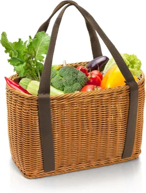 Wicker Shopping Basket with Handle, 15" x 10" x 7" Hand-Woven Picnic Basket, Open Top Market Harvest Basket for Food Storage, Kitchen Organization, Home Decor, Camping, Easter Eggs, Gifts