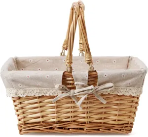 Wicker Square Picnic Basket with Removable Liner Empty Picnic Baskets,Measures 14 in. x 10.2 in. x 7.2 in. with Foldable Handles for Picnic, Natural Color