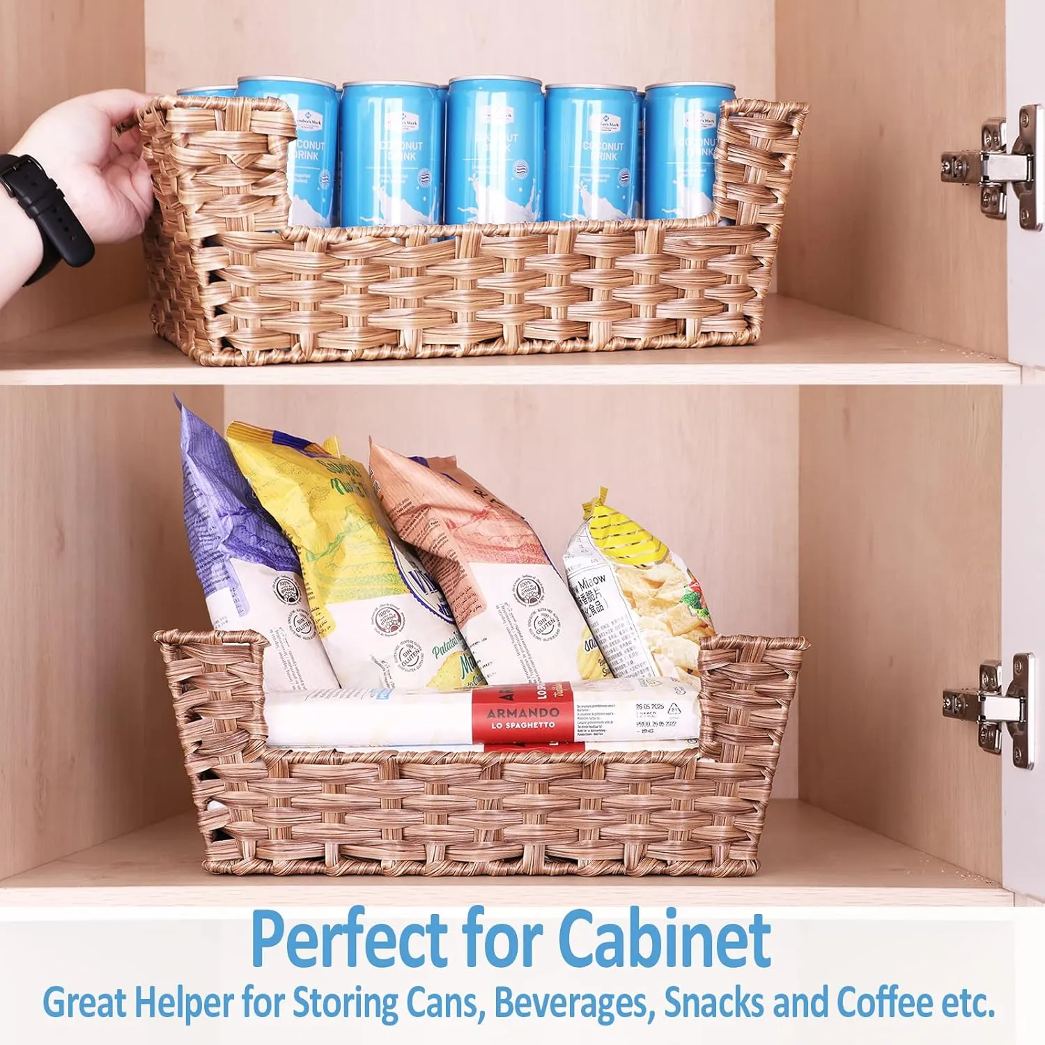 Wicker Storage Basket 2 Pack, Large 15" Waterproof Plastic Baskets for Organizing, Open-Front Storage Baskets for Shelves
