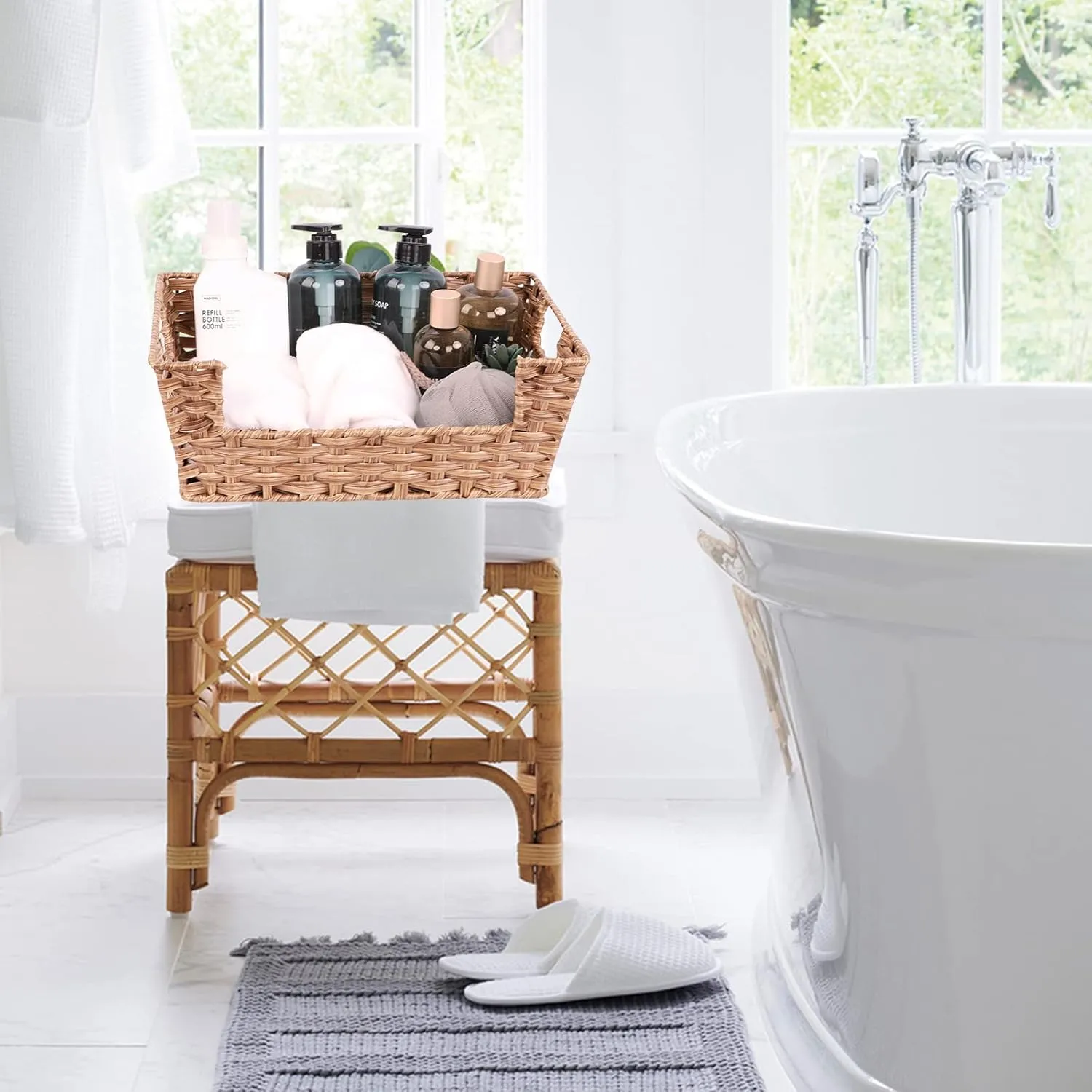 Wicker Storage Basket 2 Pack, Large 15" Waterproof Plastic Baskets for Organizing, Open-Front Storage Baskets for Shelves