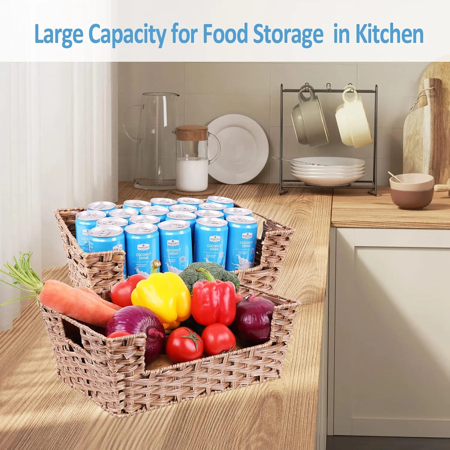 Wicker Storage Basket 2 Pack, Large 15" Waterproof Plastic Baskets for Organizing, Open-Front Storage Baskets for Shelves