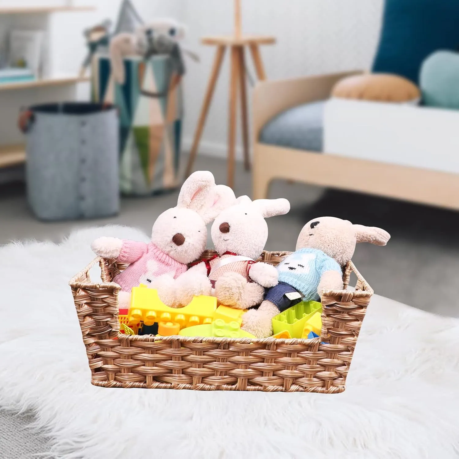 Wicker Storage Basket 2 Pack, Large 15" Waterproof Plastic Baskets for Organizing, Open-Front Storage Baskets for Shelves