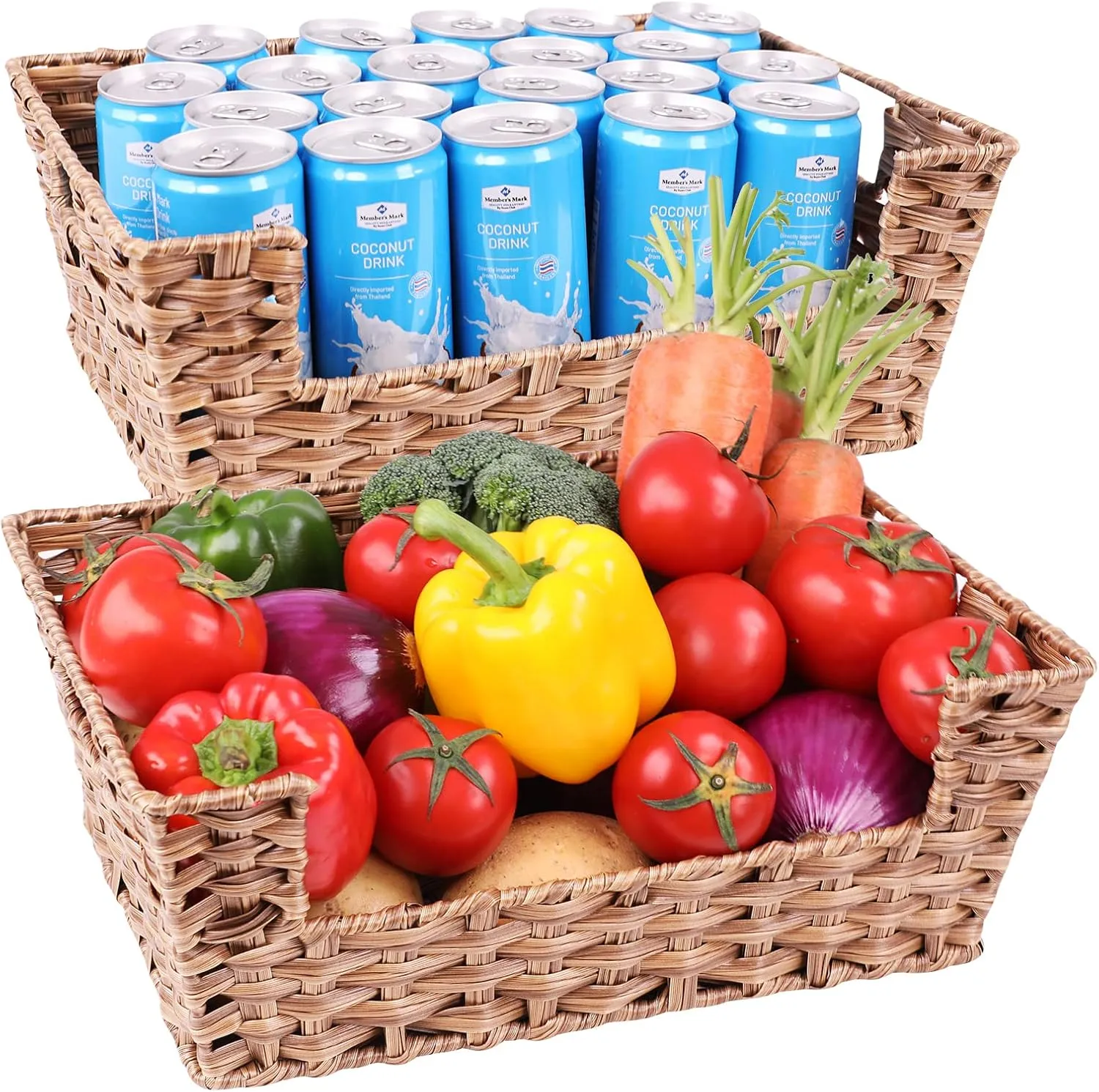 Wicker Storage Basket 2 Pack, Large 15" Waterproof Plastic Baskets for Organizing, Open-Front Storage Baskets for Shelves