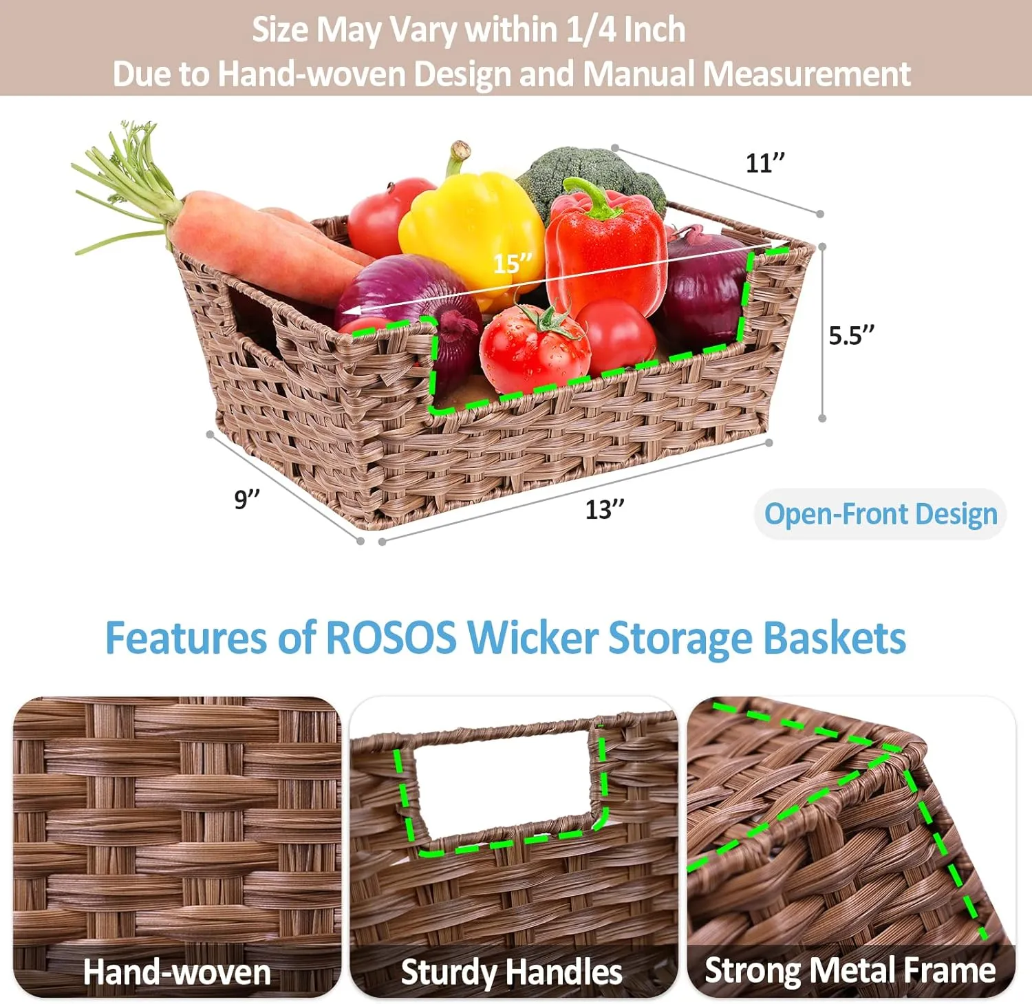 Wicker Storage Basket 2 Pack, Large 15" Waterproof Plastic Baskets for Organizing, Open-Front Storage Baskets for Shelves