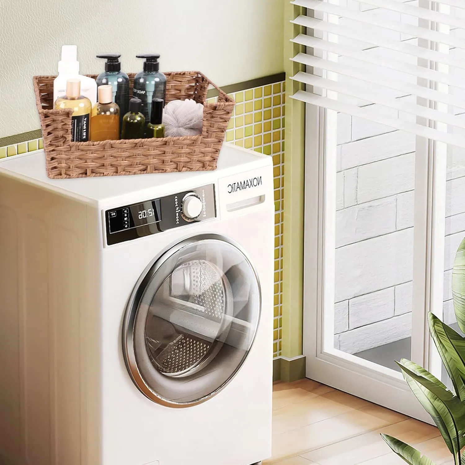 Wicker Storage Basket 2 Pack, Large 15" Waterproof Plastic Baskets for Organizing, Open-Front Storage Baskets for Shelves
