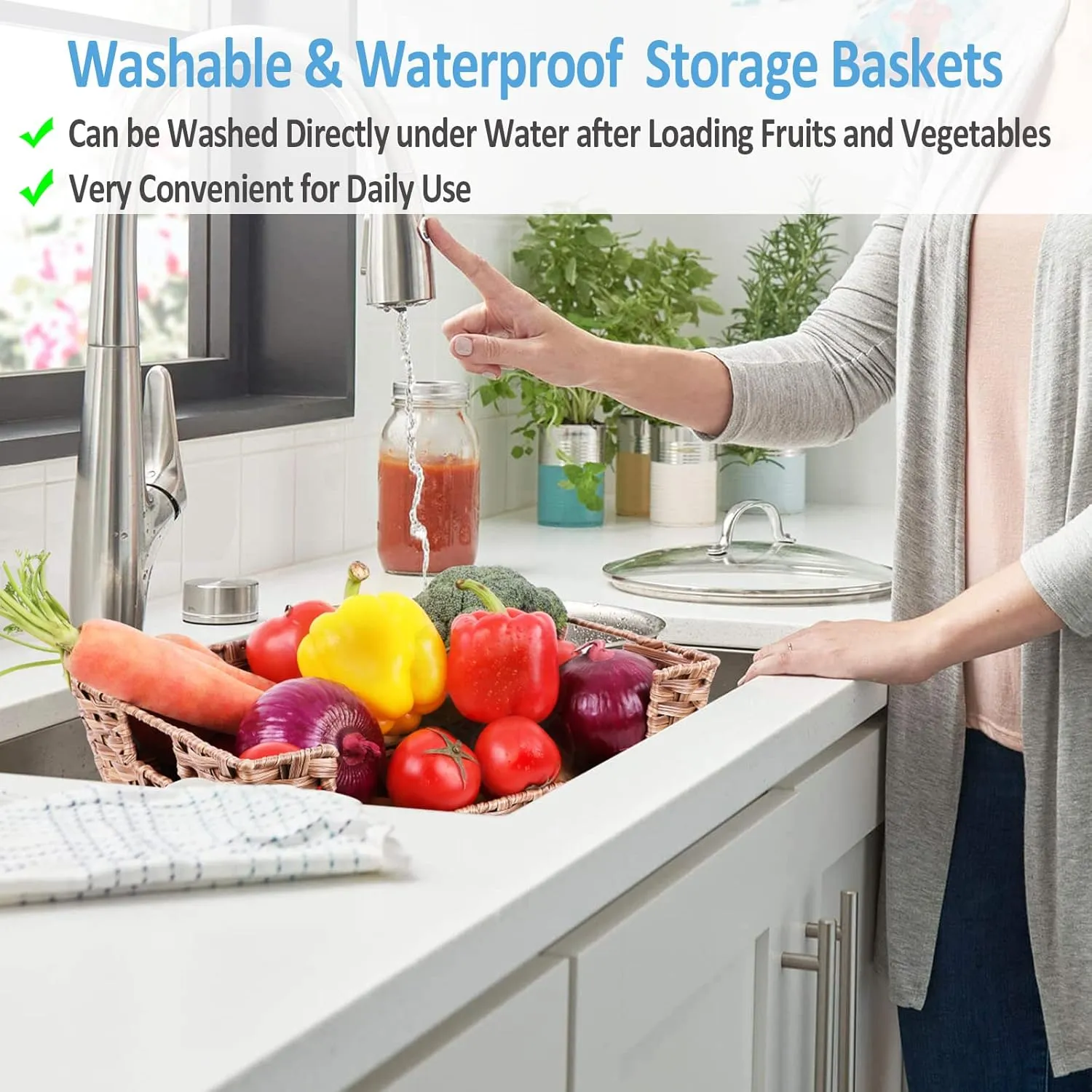Wicker Storage Basket 2 Pack, Large 15" Waterproof Plastic Baskets for Organizing, Open-Front Storage Baskets for Shelves