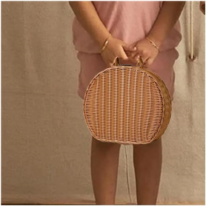 Wicker Storage Basket, Round Vine Weaving Storage Handbag with Hand Small Suitcase Retro Weaving Vine Weaving Carrying Case Gift Box. (L)