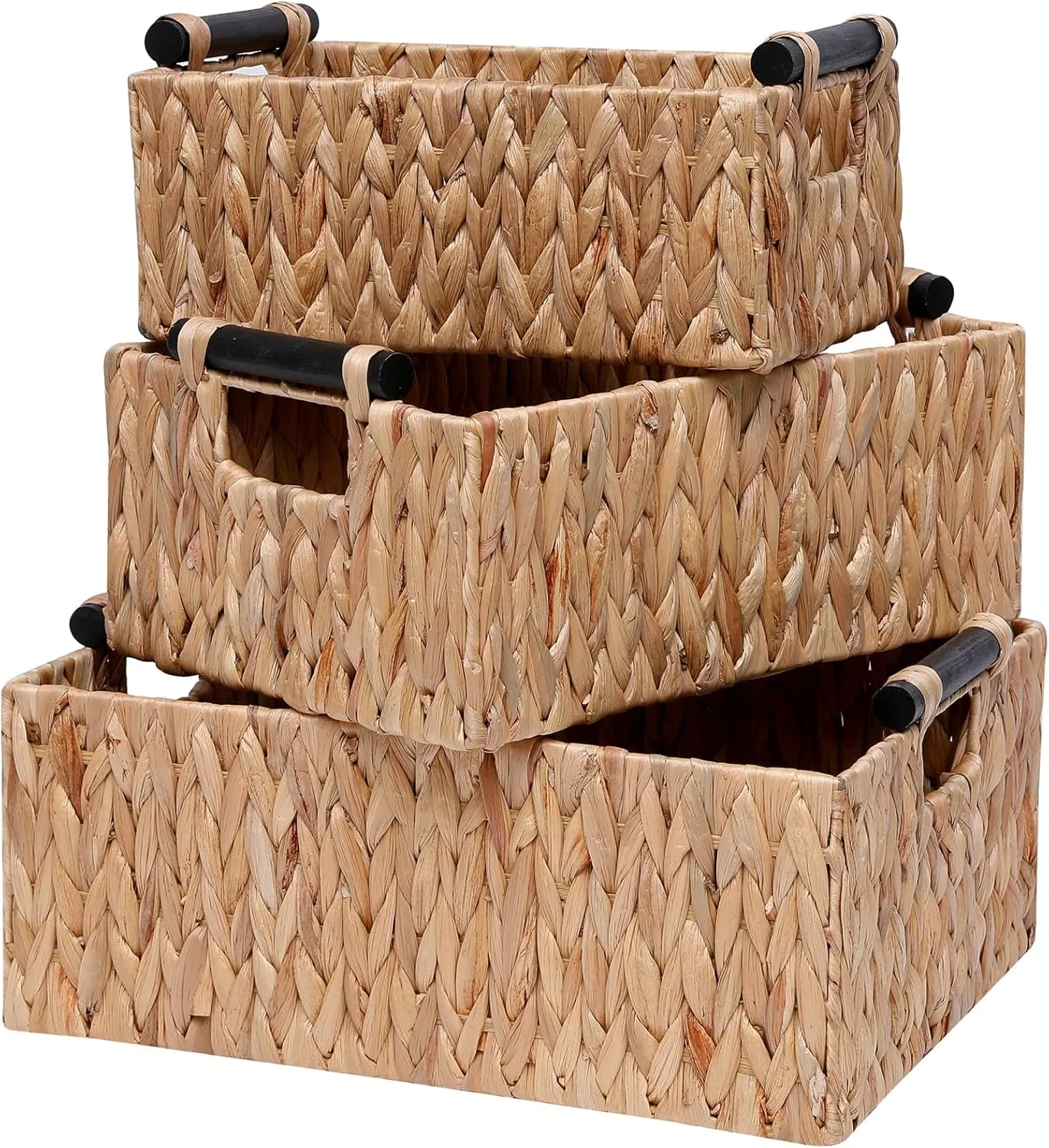 Wicker Storage Basket Shelf Bakets Hand-Woven Water Hyacinth Woven Storage Basket with Wooden Handles,Nested Organizer Container with Built-In Carry Handles,3 Pack