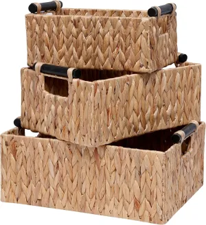Wicker Storage Basket Shelf Bakets Hand-Woven Water Hyacinth Woven Storage Basket with Wooden Handles,Nested Organizer Container with Built-In Carry Handles,3 Pack