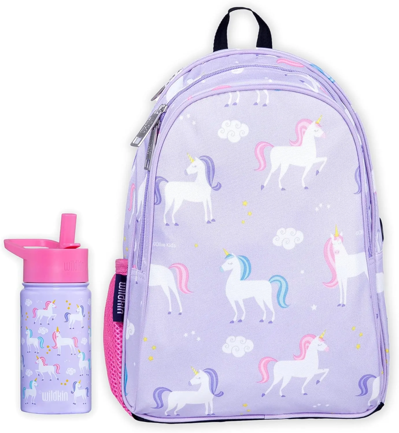 Wildkin 15 Inch Backpack Bundle with 14 Ounce Steel Reusable Water Bottle (Unicorn)