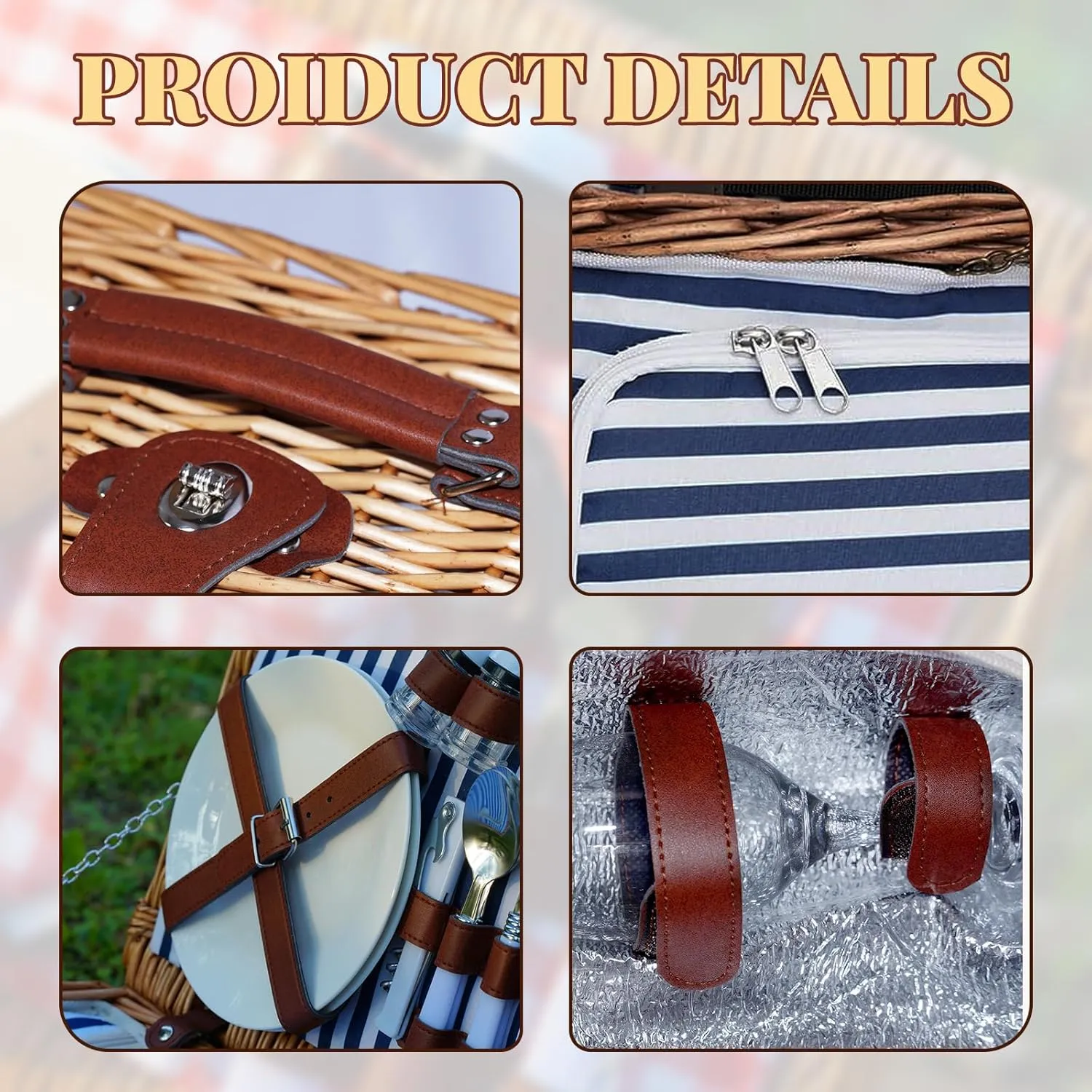 Willow Picnic Basket Set for 2 with Large Insulated Bag and Shoulder Strap, Utensils, Glasses, Wicker Picnic Hamper for Camping, Outdoor, Birthday, Valentine, Navy