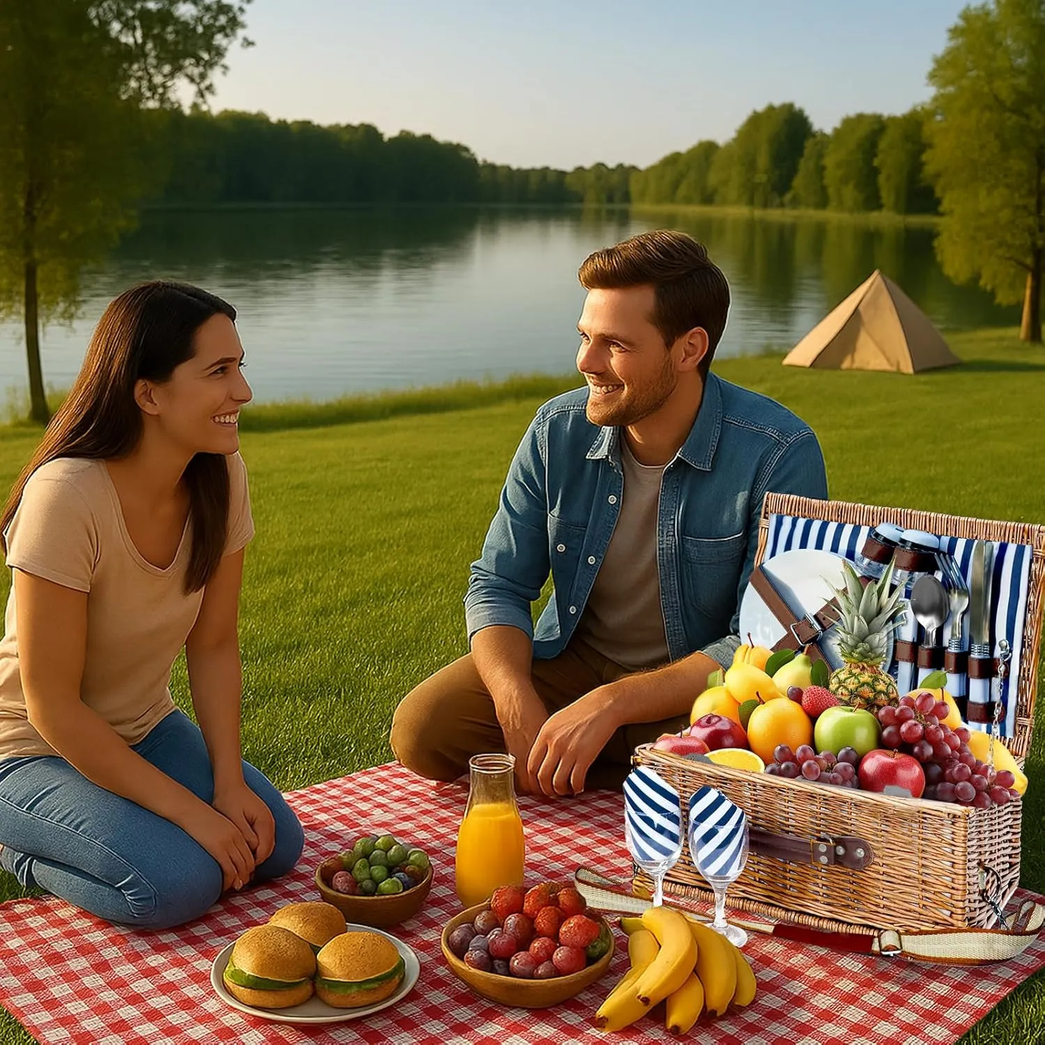 Willow Picnic Basket Set for 2 with Large Insulated Bag and Shoulder Strap, Utensils, Glasses, Wicker Picnic Hamper for Camping, Outdoor, Birthday, Valentine, Navy