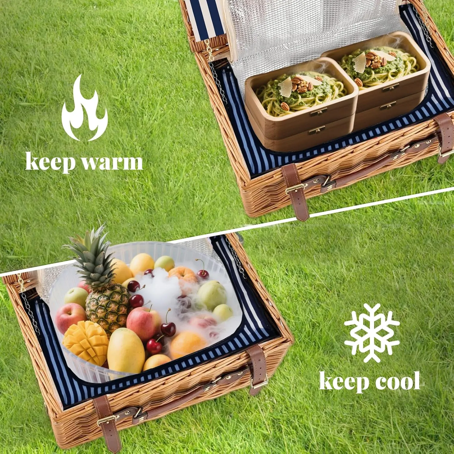 Willow Picnic Basket Set for 2 with Large Insulated Bag and Shoulder Strap, Utensils, Glasses, Wicker Picnic Hamper for Camping, Outdoor, Birthday, Valentine, Navy