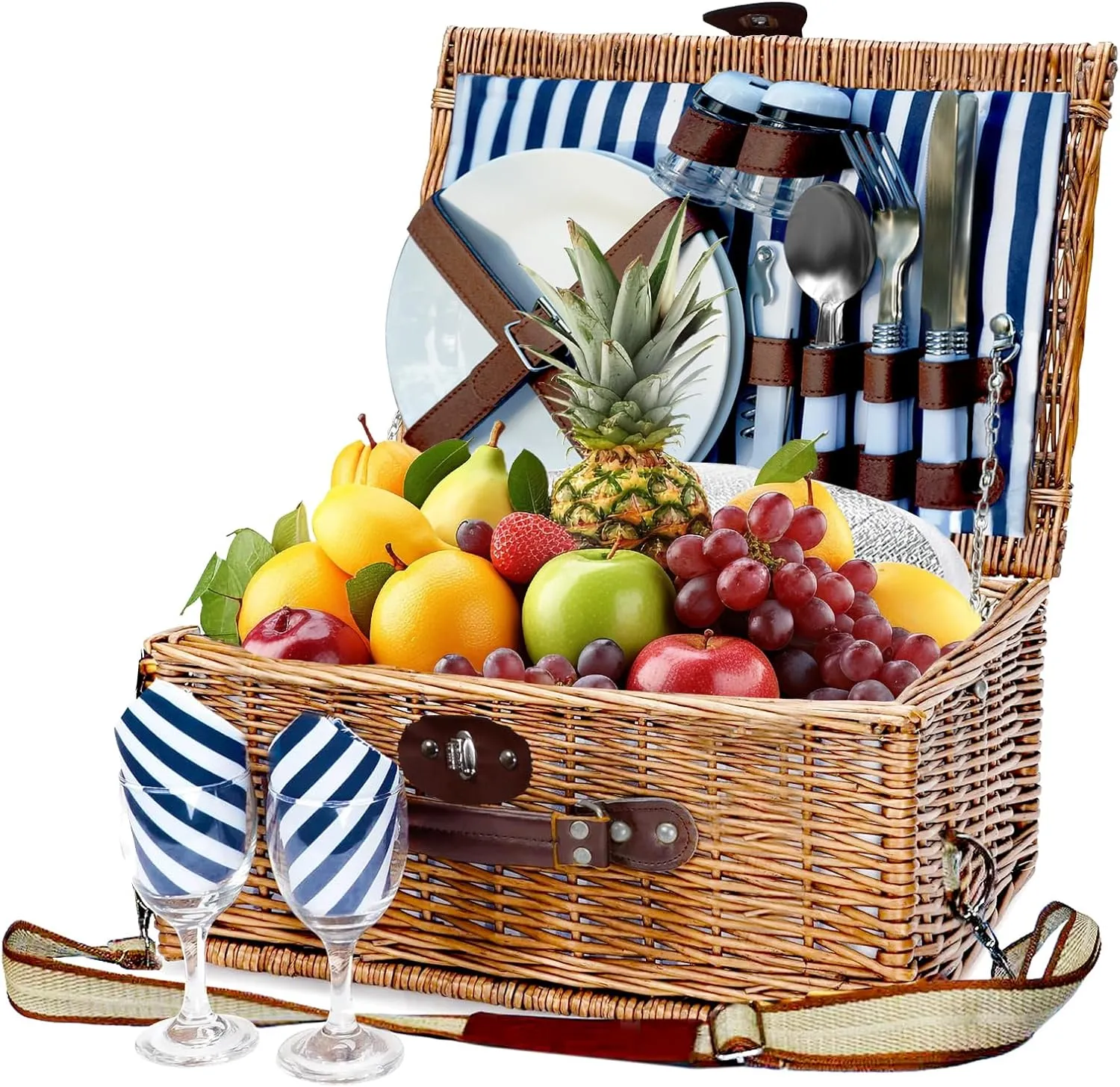 Willow Picnic Basket Set for 2 with Large Insulated Bag and Shoulder Strap, Utensils, Glasses, Wicker Picnic Hamper for Camping, Outdoor, Birthday, Valentine, Navy
