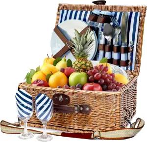 Willow Picnic Basket Set for 2 with Large Insulated Bag and Shoulder Strap, Utensils, Glasses, Wicker Picnic Hamper for Camping, Outdoor, Birthday, Valentine, Navy