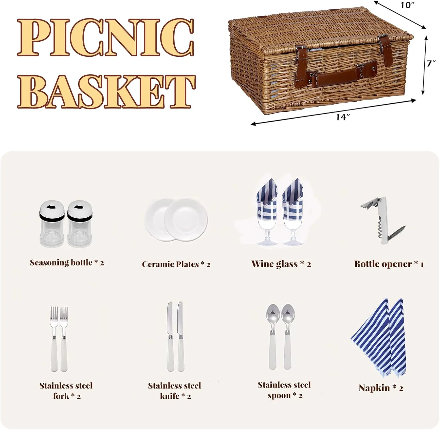 Willow Picnic Basket Set for 2 with Large Insulated Bag and Shoulder Strap, Utensils, Glasses, Wicker Picnic Hamper for Camping, Outdoor, Birthday, Valentine, Navy