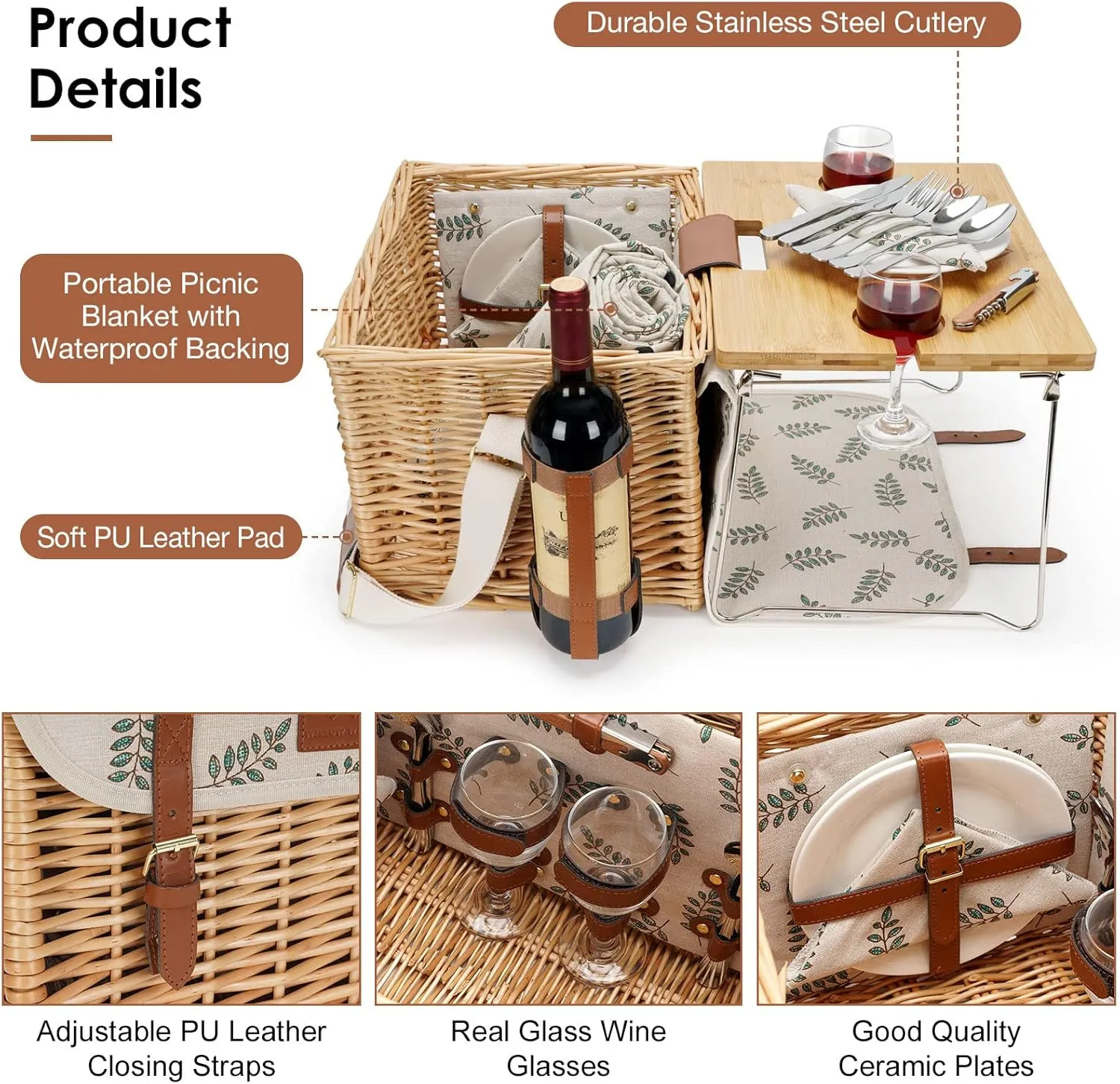 WILLOW WEAVE Picnic Basket with Table, Picnic Basket Set for 2, Willow Hamper with Wine Holder, Wicker Picnic Set with Blanket & Premium Tableware for Outdoor, Wedding, Anniversary, Birthday Gift