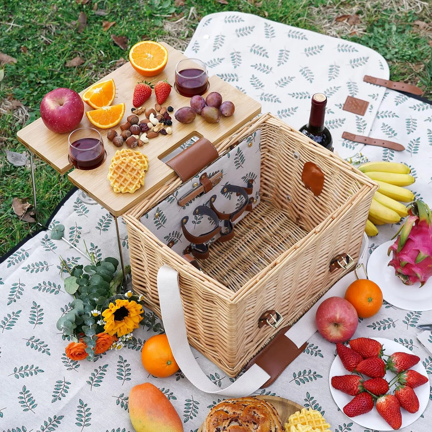 WILLOW WEAVE Picnic Basket with Table, Picnic Basket Set for 2, Willow Hamper with Wine Holder, Wicker Picnic Set with Blanket & Premium Tableware for Outdoor, Wedding, Anniversary, Birthday Gift