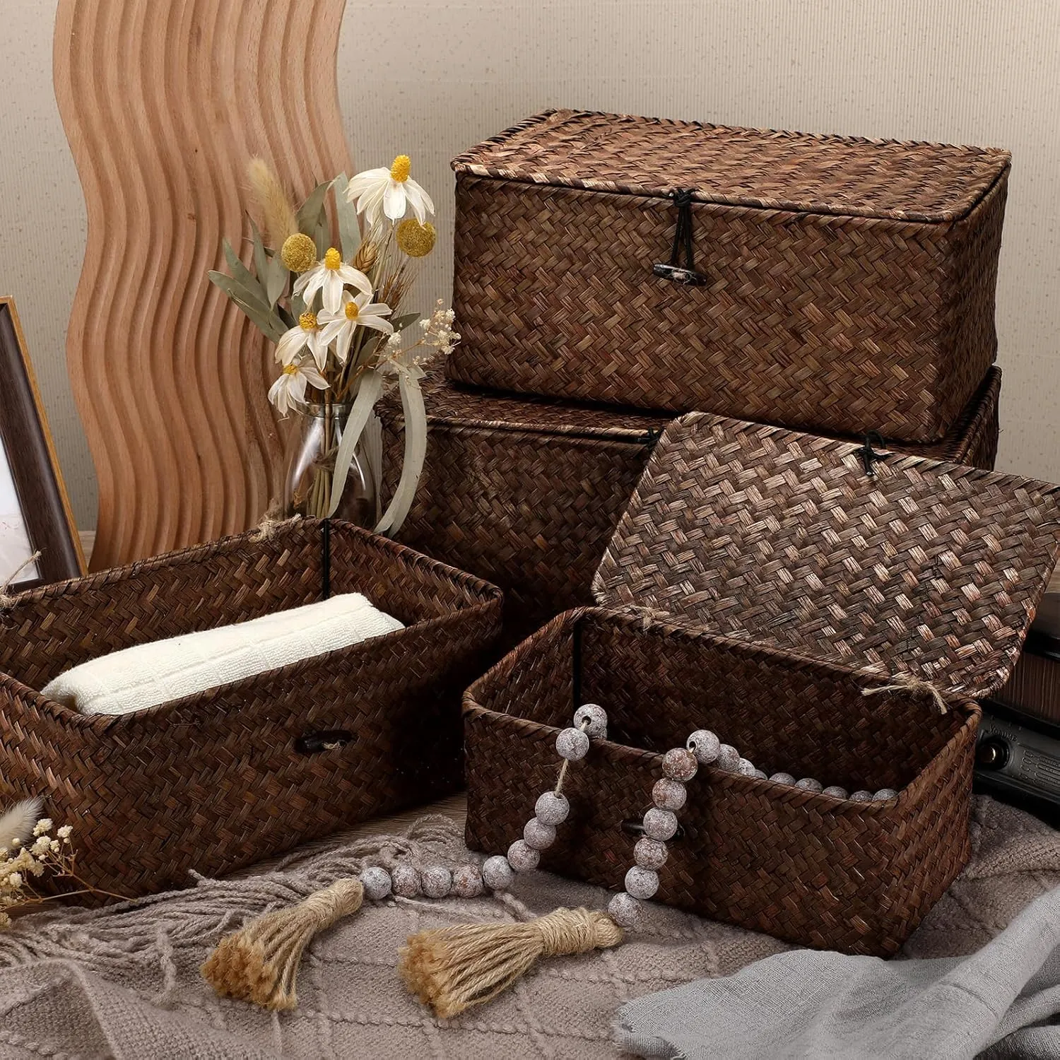 Woanger Set of 4 Wicker Storage Baskets Organizer，Handwoven Storage Bins with Lid for Organizing, Home Utility Box for Home Office Supplies Multipurpose Container(Coffee)