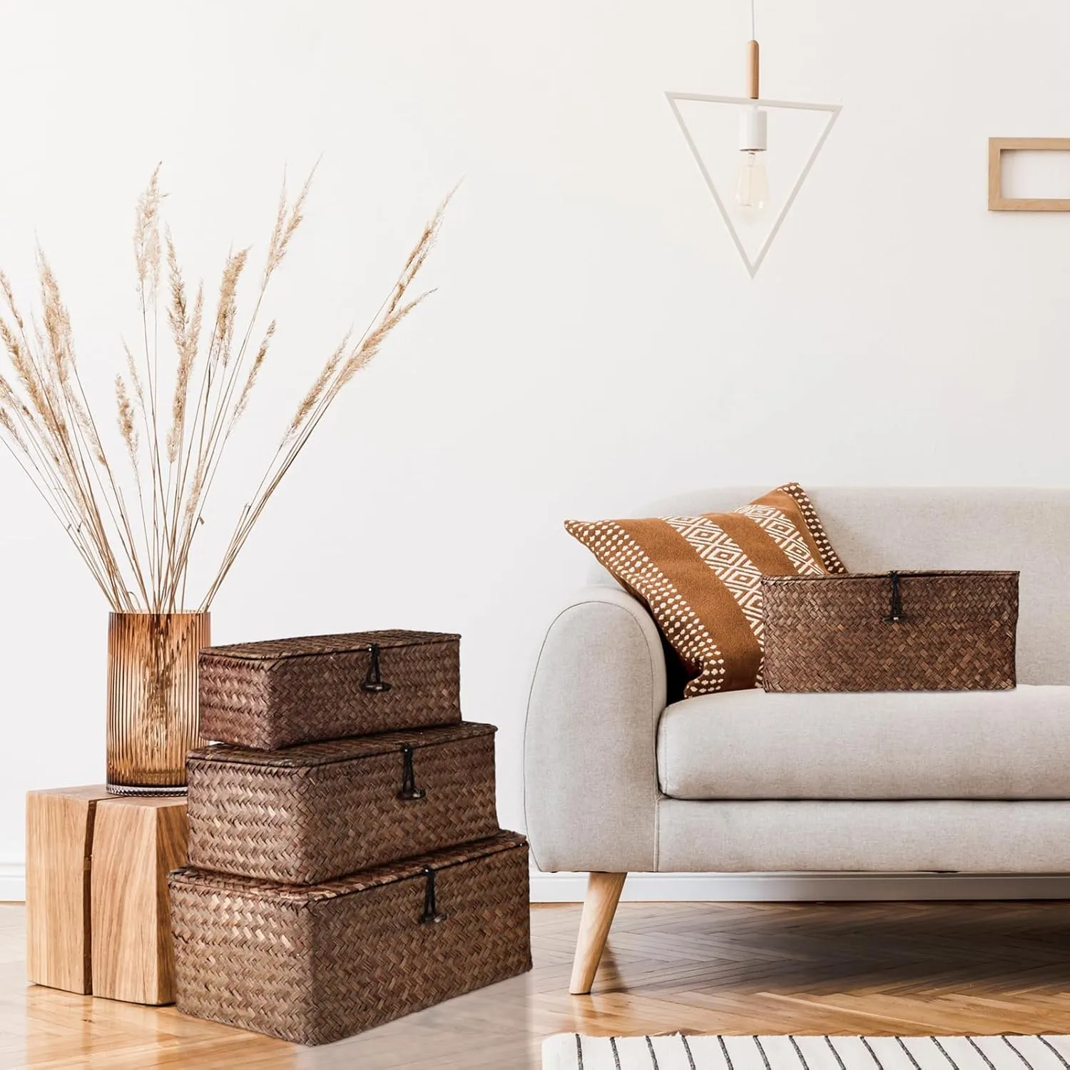 Woanger Set of 4 Wicker Storage Baskets Organizer，Handwoven Storage Bins with Lid for Organizing, Home Utility Box for Home Office Supplies Multipurpose Container(Coffee)