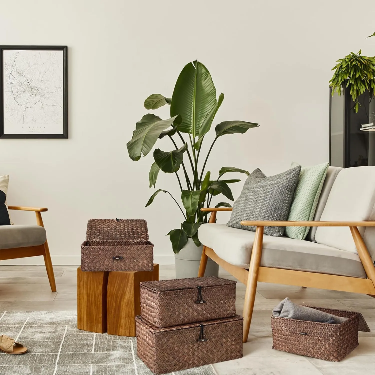 Woanger Set of 4 Wicker Storage Baskets Organizer，Handwoven Storage Bins with Lid for Organizing, Home Utility Box for Home Office Supplies Multipurpose Container(Coffee)