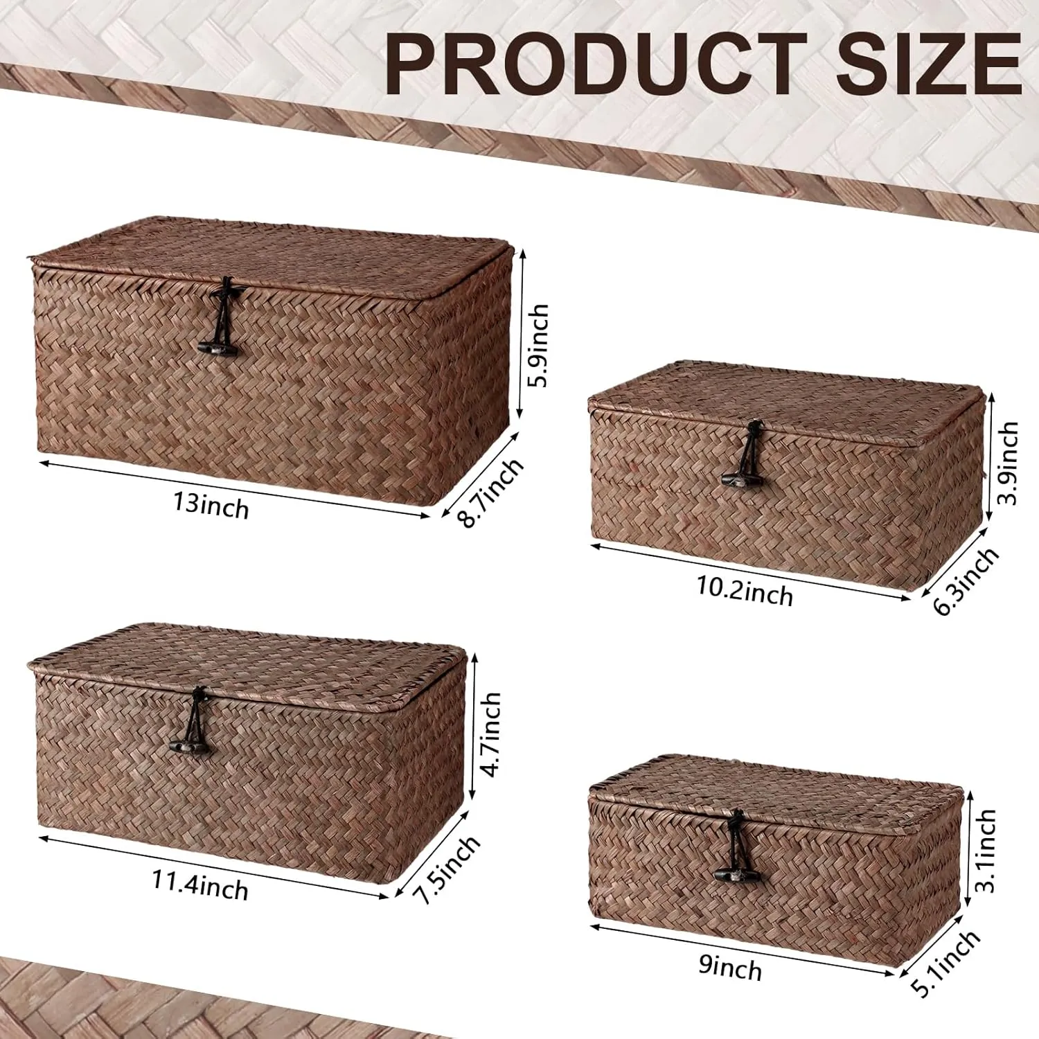 Woanger Set of 4 Wicker Storage Baskets Organizer，Handwoven Storage Bins with Lid for Organizing, Home Utility Box for Home Office Supplies Multipurpose Container(Coffee)