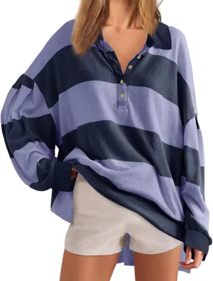 Woman Loose Striped Sweawtshirts Button V Neck Hoodie Casual Fashion Blouses Long Sleeve Shirts 2024 Fall Clothes