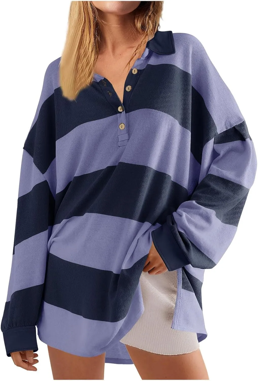 Woman Loose Striped Sweawtshirts Button V Neck Hoodie Casual Fashion Blouses Long Sleeve Shirts 2024 Fall Clothes