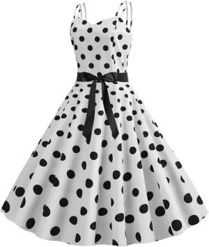 Women Casual Backless Sleeve Dresses Sexy Double Strap Vintage Polka Dot Printed A-Line Dress Beach Daily Wear